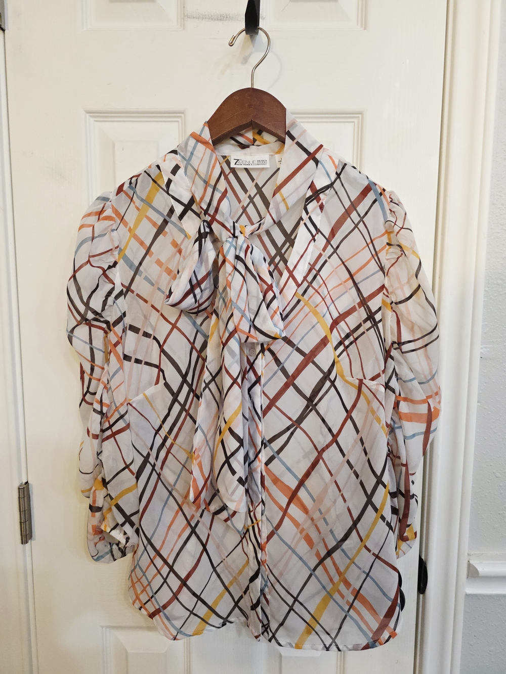 Tie-Neck Plaid Blouse in White with Warm Accents